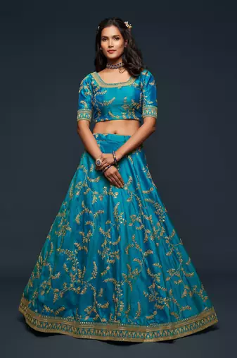  Teal Blue Thread Zari Dori And Sequins Embroidered Art Silk Party Wear Lehenga Choli