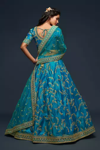  Teal Blue Thread Zari Dori And Sequins Embroidered Art Silk Party Wear Lehenga Choli