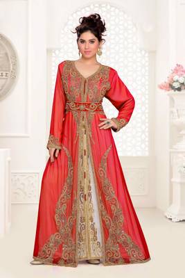 Red Full Sleeves Handmade Moroccan Kaftan with hijab 1