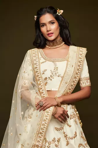 White Thread Zari Dori And Sequins Embroidered Art Silk Bridal Lehenga Choli