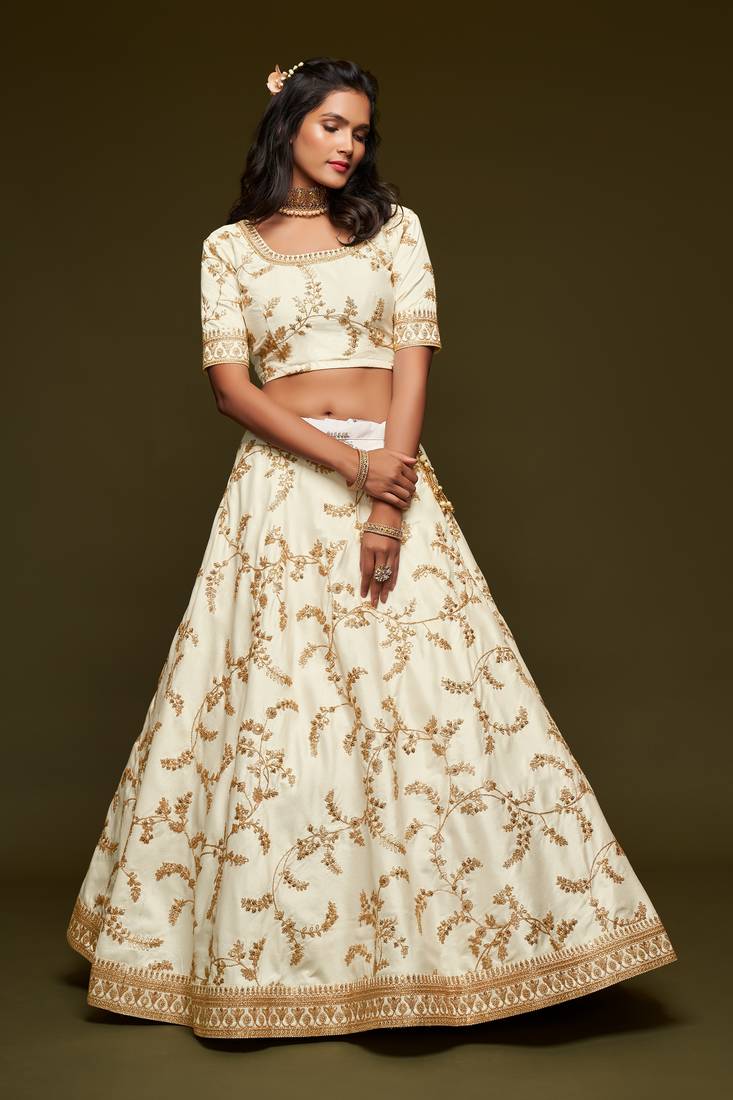 White Thread Zari Dori And Sequins Embroidered Art Silk Bridal Lehenga Choli