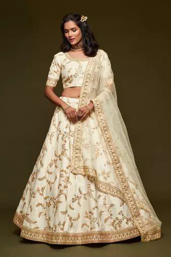 White Thread Zari Dori And Sequins Embroidered Art Silk Bridal Lehenga Choli