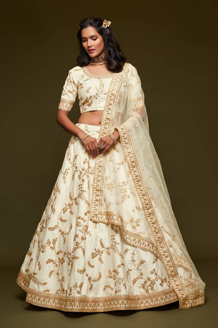 White Thread Zari Dori And Sequins Embroidered Art Silk Bridal Lehenga Choli