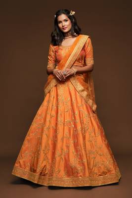 Orange Thread Zari Dori And Sequins Embroidered Art Silk Lehenga Choli For Party 1