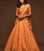 Orange Thread Zari Dori And Sequins Embroidered Art Silk Lehenga Choli For Party
