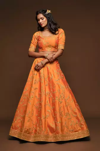 Orange Thread Zari Dori And Sequins Embroidered Art Silk Lehenga Choli For Party