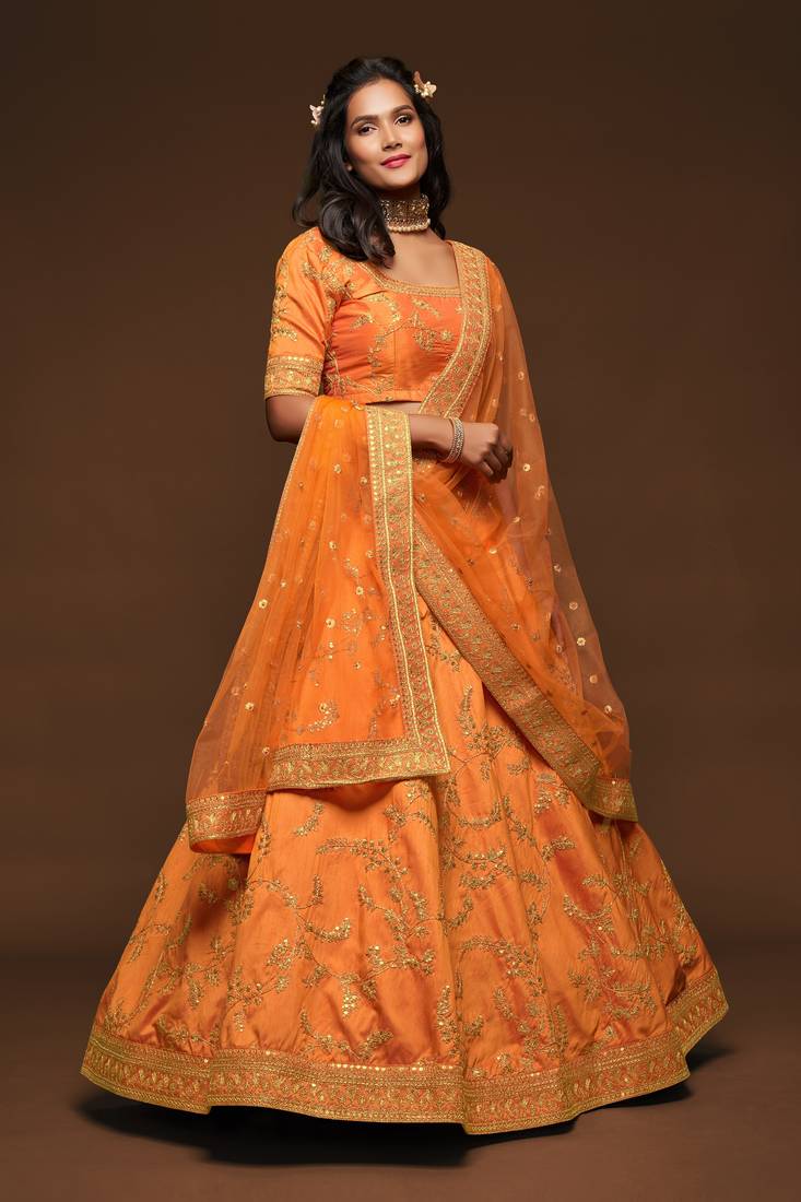 Orange Thread Zari Dori And Sequins Embroidered Art Silk Lehenga Choli For Party