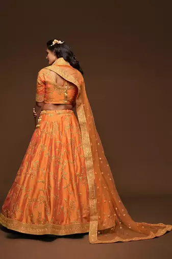 Orange Thread Zari Dori And Sequins Embroidered Art Silk Lehenga Choli For Party