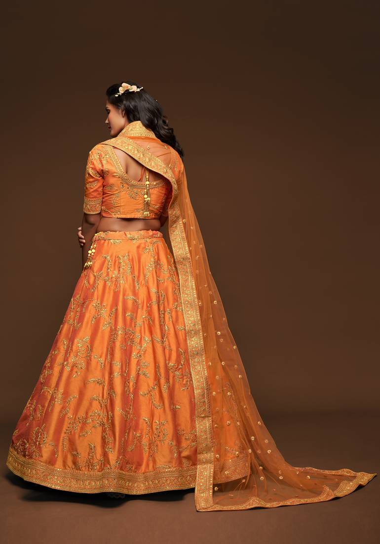 Orange Thread Zari Dori And Sequins Embroidered Art Silk Lehenga Choli For Party