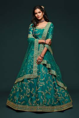 Marvelous Green Colored Thread Zari Dori And Sequins Embroidered Art Silk Designer Lehenga For Wedding Occasion 1