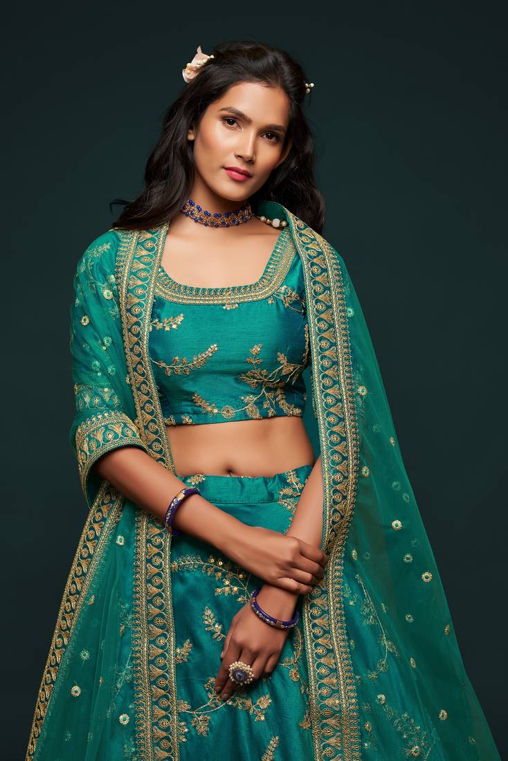 Marvelous Green Colored Thread Zari Dori And Sequins Embroidered Art Silk Designer Lehenga For Wedding Occasion