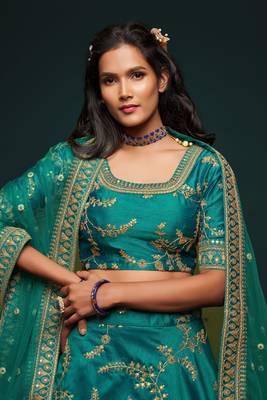Marvelous Green Colored Thread Zari Dori And Sequins Embroidered Art Silk Designer Lehenga For Wedding Occasion 3
