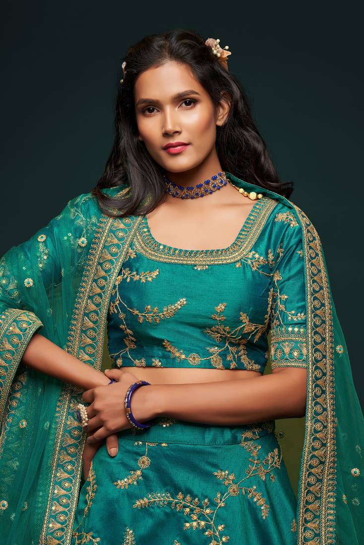 Marvelous Green Colored Thread Zari Dori And Sequins Embroidered Art Silk Designer Lehenga For Wedding Occasion