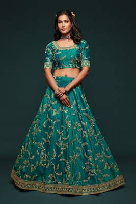 Marvelous Green Colored Thread Zari Dori And Sequins Embroidered Art Silk Designer Lehenga For Wedding Occasion 4