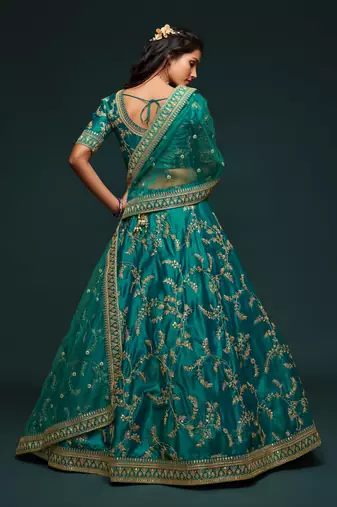 Marvelous Green Colored Thread Zari Dori And Sequins Embroidered Art Silk Designer Lehenga For Wedding Occasion