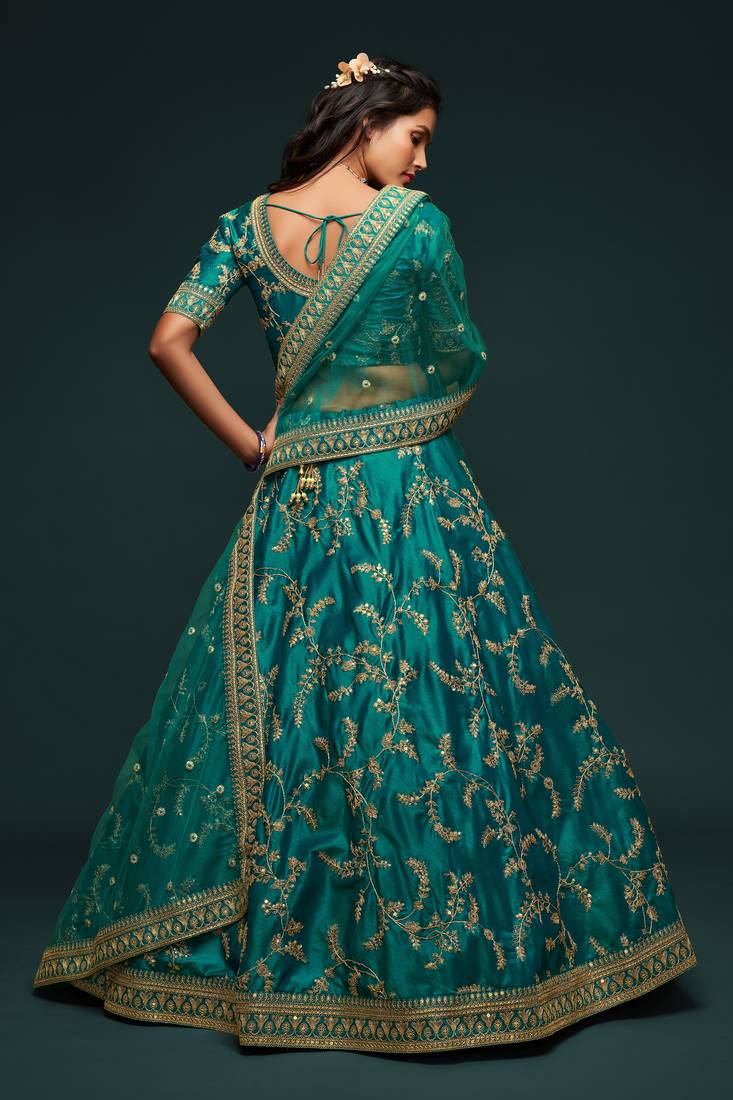 Marvelous Green Colored Thread Zari Dori And Sequins Embroidered Art Silk Designer Lehenga For Wedding Occasion