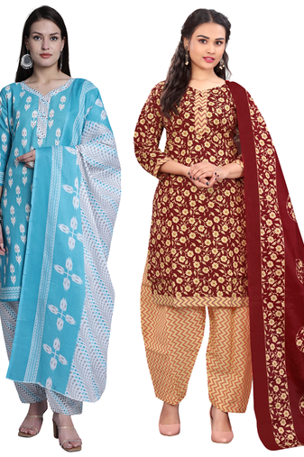 women multicolor cotton printed ready to wear patiala salwar suit combo pack of 2