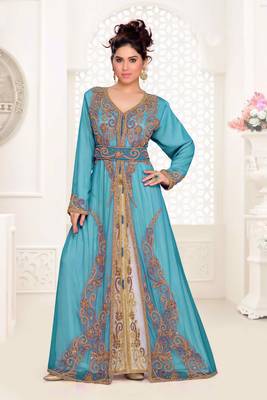 Cyan color Full Sleeves Handmade Moroccan Kaftan with hijab 1