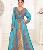 Cyan color luxurious Full Sleeves Handmade Moroccan Kaftan with hijab