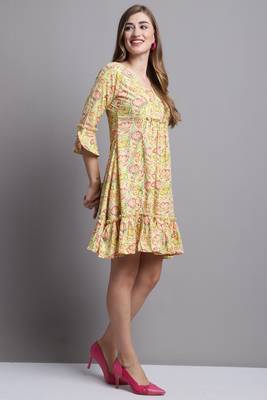 women's yellow color pure cambric cotton printed western dress 3