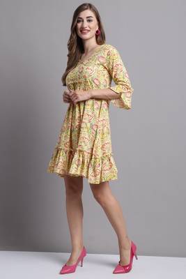 women's yellow color pure cambric cotton printed western dress 4