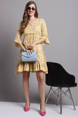 women's yellow color pure cambric cotton printed western dress 1
