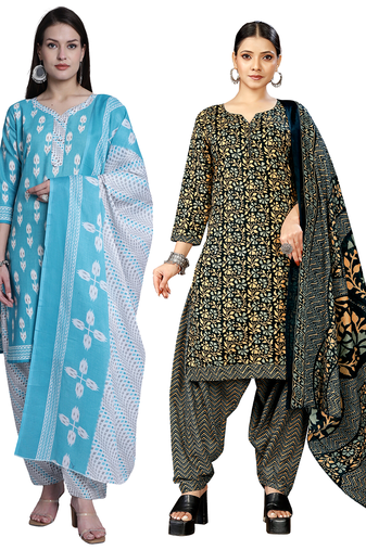 women multicolor cotton printed ready to wear patiala salwar suit combo pack of 2
