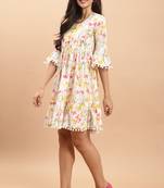 women's white color pure cambric cotton printed western dress