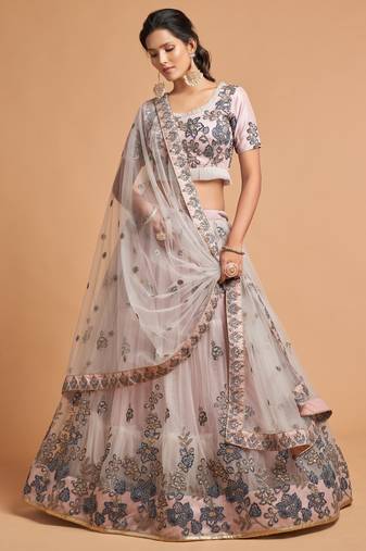 Grey Thread Zari Dori And Sequins Embroidered Soft Net Lehenga