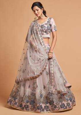Grey Thread Zari Dori And Sequins Embroidered Soft Net Lehenga 1