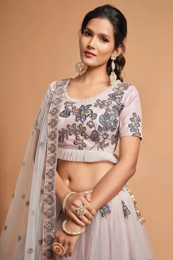 Grey Thread Zari Dori And Sequins Embroidered Soft Net Lehenga