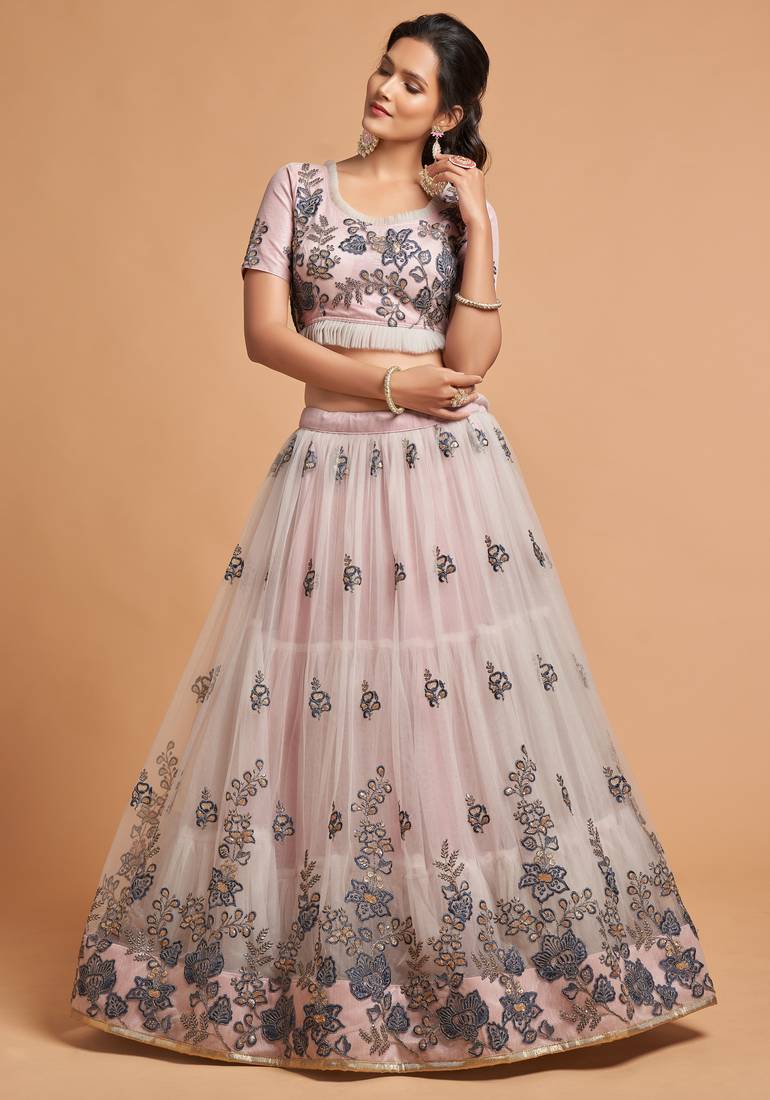 Grey Thread Zari Dori And Sequins Embroidered Soft Net Lehenga