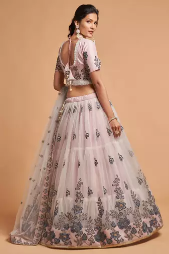 Grey Thread Zari Dori And Sequins Embroidered Soft Net Lehenga