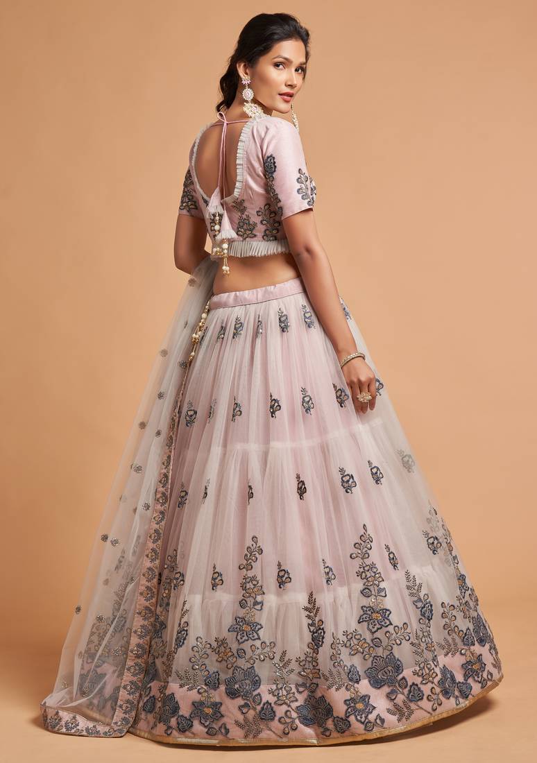 Grey Thread Zari Dori And Sequins Embroidered Soft Net Lehenga