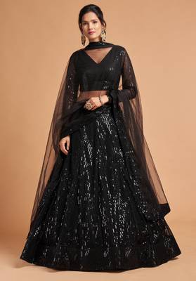 Black Thread And Multiple Sequins Embroidered Soft Net Lehenga Choli 1