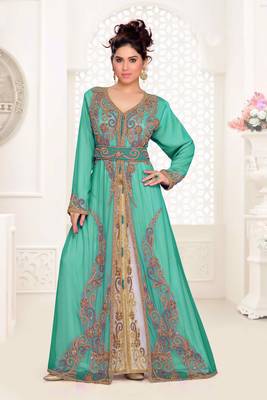 Sea-Green color Full Sleeves Handmade Moroccan Kaftan with hijab 1
