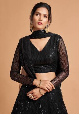 Black Thread And Multiple Sequins Embroidered Soft Net Lehenga Choli 3