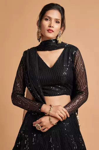 Black Thread And Multiple Sequins Embroidered Soft Net Lehenga Choli