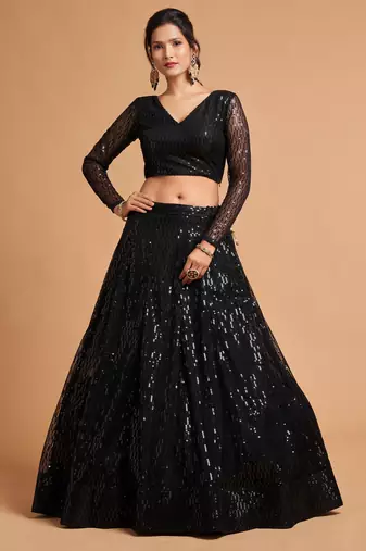Black Thread And Multiple Sequins Embroidered Soft Net Lehenga Choli