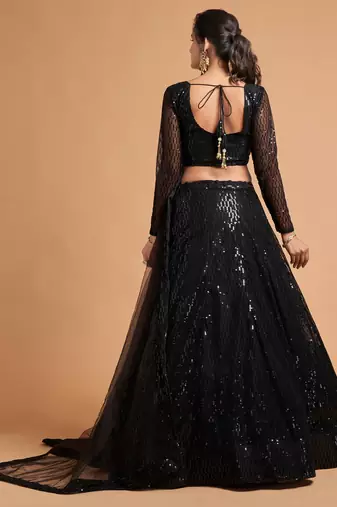 Black Thread And Multiple Sequins Embroidered Soft Net Lehenga Choli