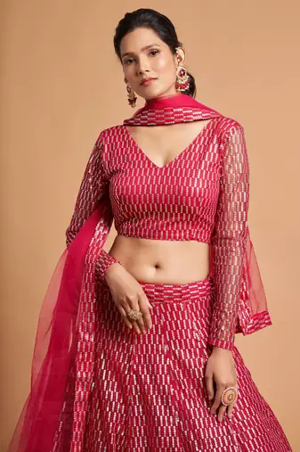 Provocative Hot Pink Thread And Multiple Sequins Embroidered Soft Net Lehenga Choli For Bride