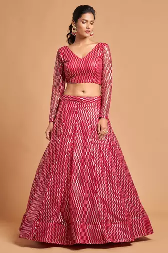 Provocative Hot Pink Thread And Multiple Sequins Embroidered Soft Net Lehenga Choli For Bride