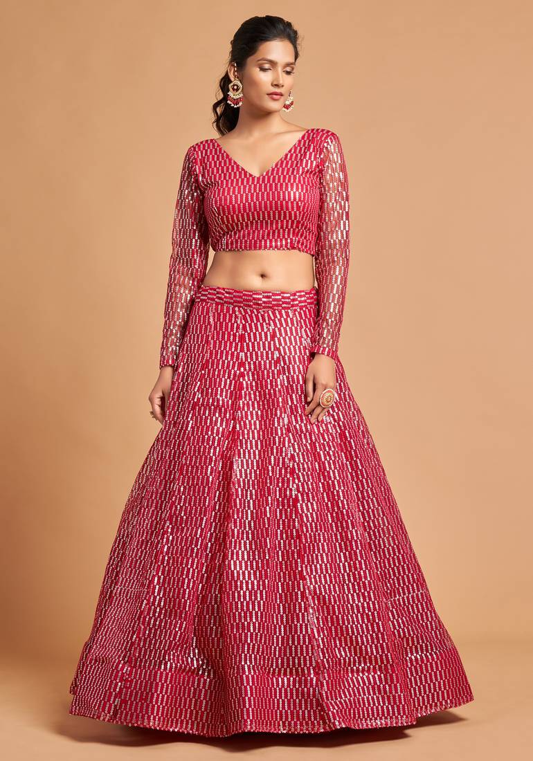 Provocative Hot Pink Thread And Multiple Sequins Embroidered Soft Net Lehenga Choli For Bride