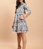 women's white color pure cambric cotton printed western dress