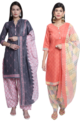 women multicolor cotton printed ready to wear patiala salwar suit combo pack of 2