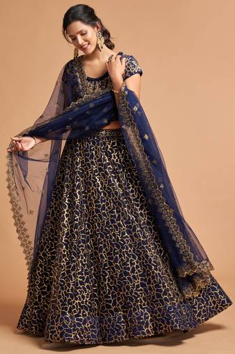 Navy Blue Zari Badla Dori And Threads Embroidered Soft Net Lehienga Choli For Women