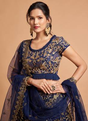Navy Blue Zari Badla Dori And Threads Embroidered Soft Net Lehienga Choli For Women 2