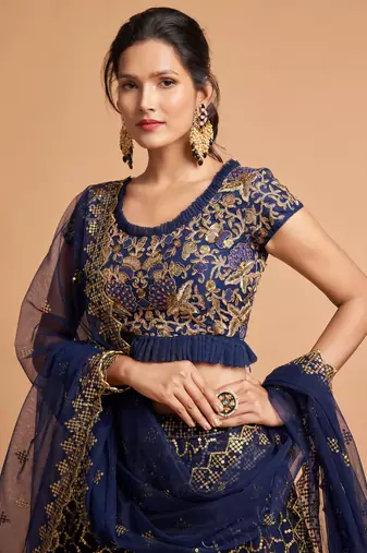 Navy Blue Zari Badla Dori And Threads Embroidered Soft Net Lehienga Choli For Women