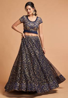 Navy Blue Zari Badla Dori And Threads Embroidered Soft Net Lehienga Choli For Women 3