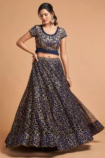 Navy Blue Zari Badla Dori And Threads Embroidered Soft Net Lehienga Choli For Women
